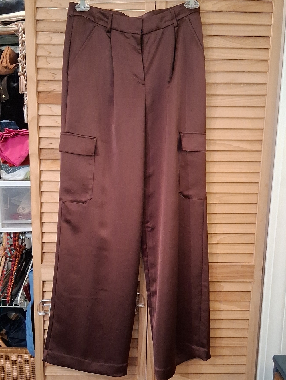 Express Satin Wide-Leg Hi-rise Trouser Cargo Pants - Deep Rust/Brown
